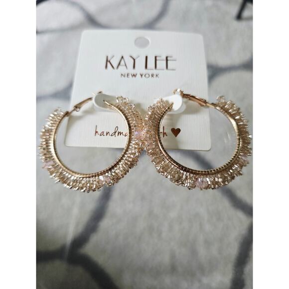 Kay Lee Gold Beaded Hoop Earrings New - Picture 4 of 4